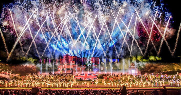 view of fireworks and performers during finale of Kynren